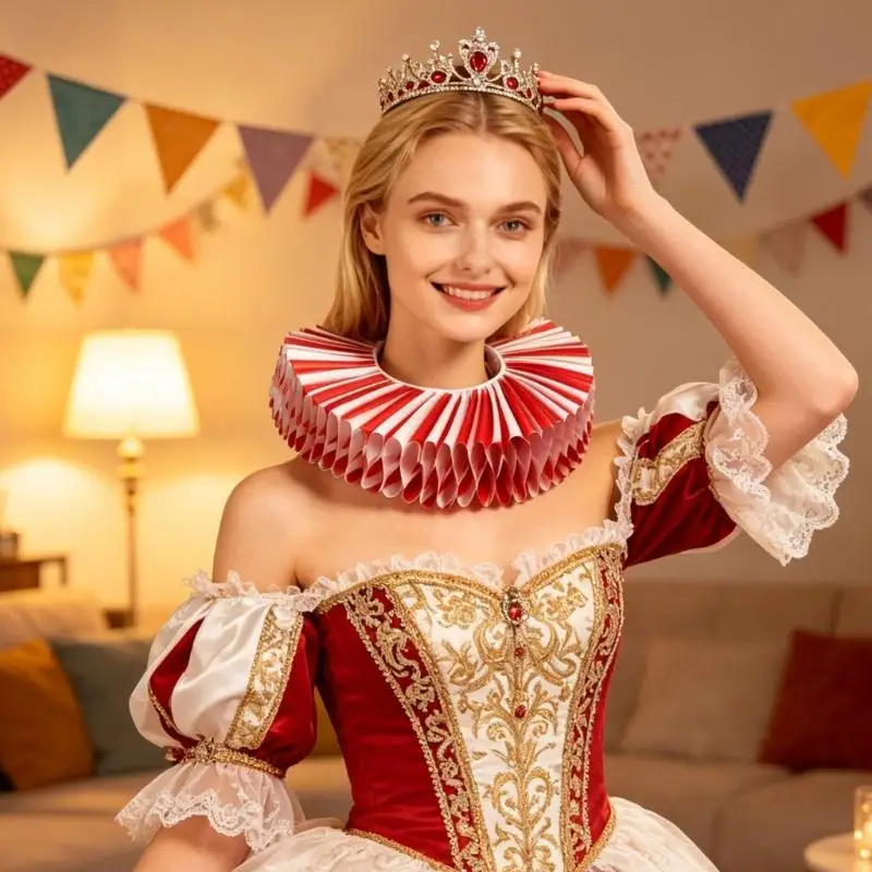 39BD Pleated Costume Collar Accessory with Hook and Loop Closure for Party Wear