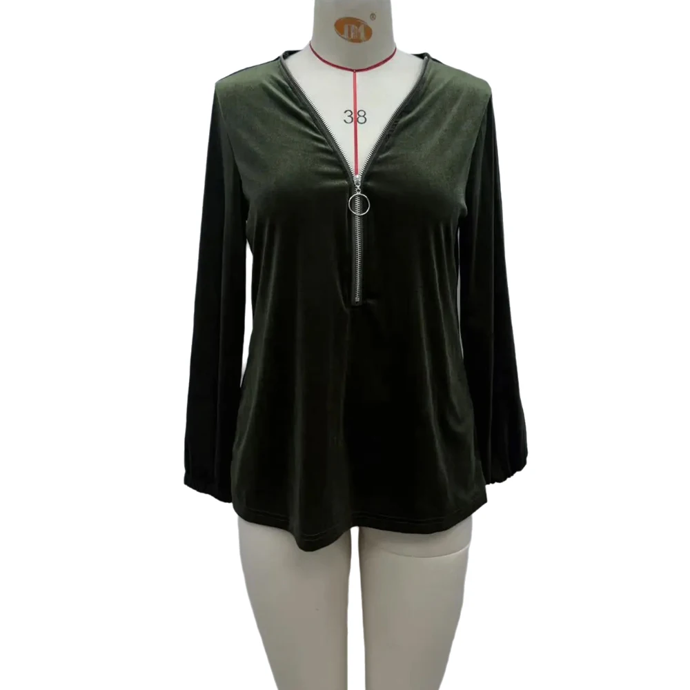 Women Velvet T-Shirt Long Sleeve V Neck Zip Front T Shirts Casual Fall Outfits Y2K Going Out Street Work Office Daily Wear Tops