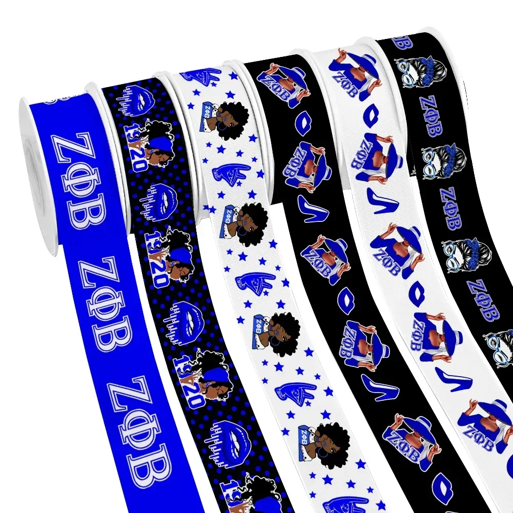 Zeta Phi Beta Sorority Girl Blue Multi-Color Grosgrain Ribbon Satin Ribbon for Cheer Bows DIY Girl Head wear Hair Bows 5 Yards