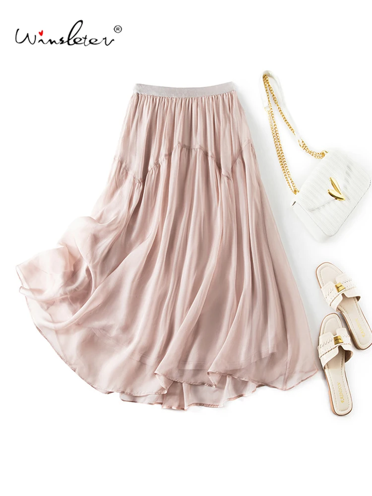 Winsleter-100%Silk Elegant Skirts, Elastic Waist Solid, Women Beach Vacation Sweet Fairy Cool Skirt, 2026 Summer New B63842CC