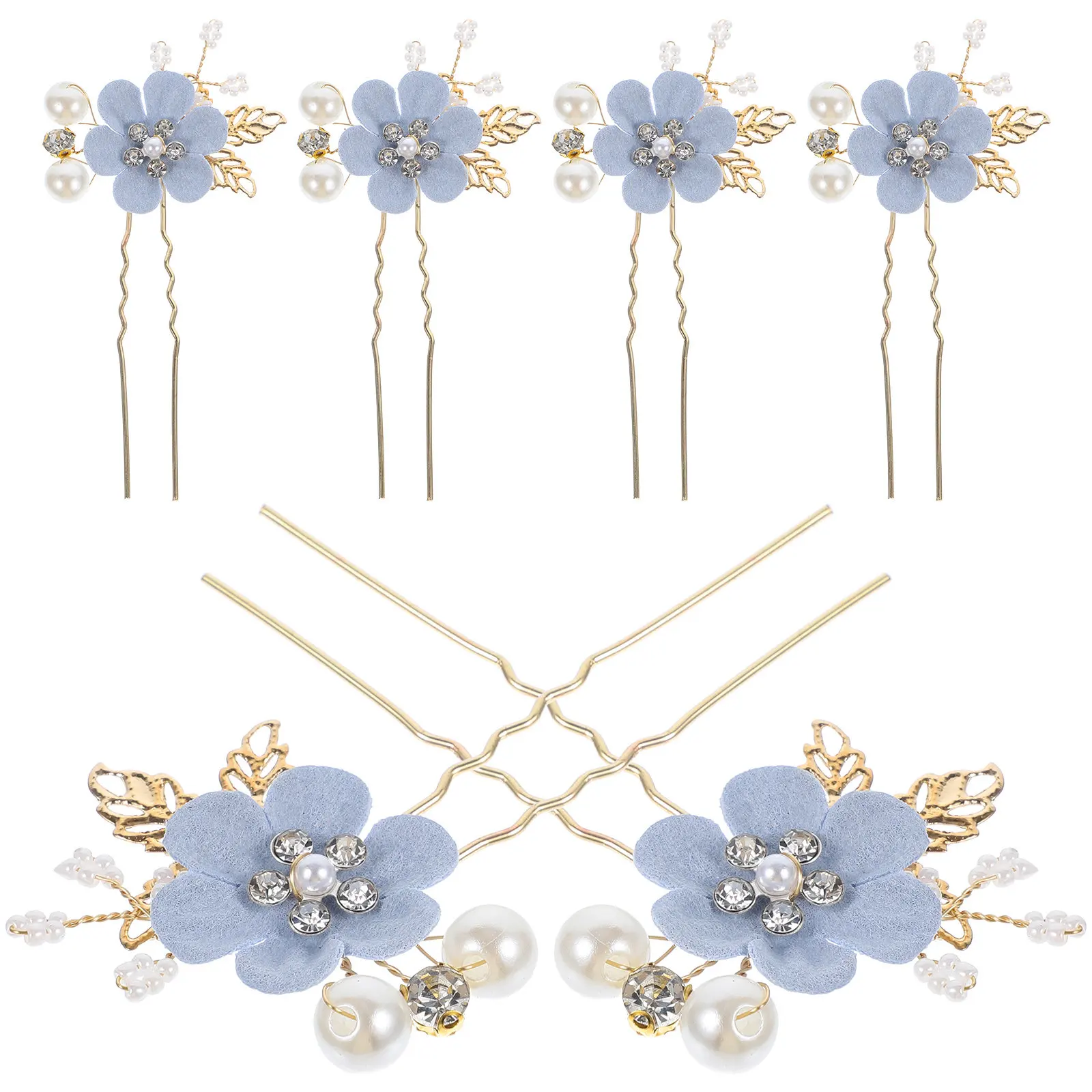 6Pcs Pearl Flower U-Shaped Hairpin Rhinestone Decorated Bridal Wedding Hair Accessories for Women Lightweight Elegant Gift