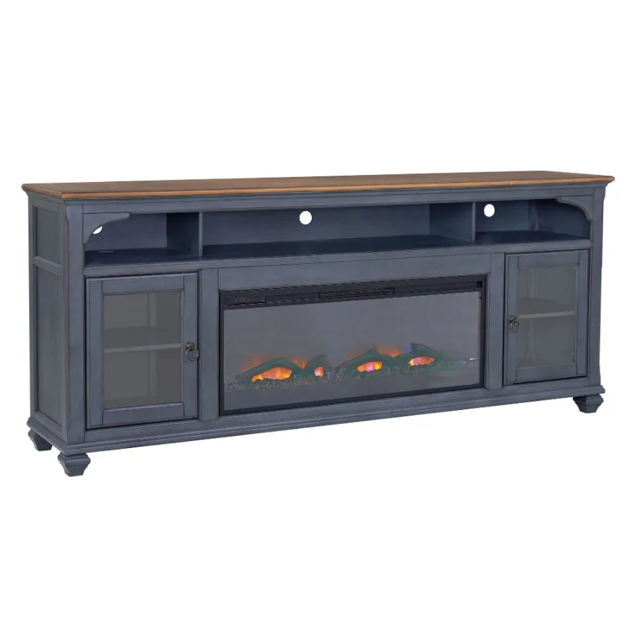 Bridgevine Home Americana 86 in Fireplace TV Stand for TVs up to 95 inches Corduroy Blue Finish