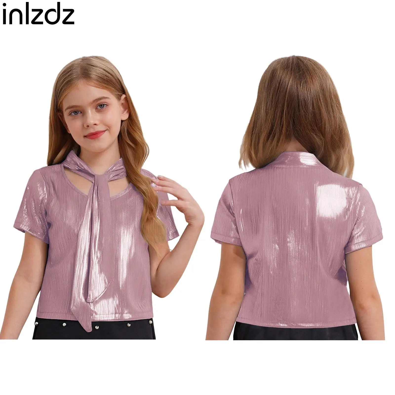 

Kids Girl Jazz Hip-Hop Dance Performance Costume Metallic Ribbed Crop Top Lace-up Short Sleeve T-shirt Birthday Party Streetwear