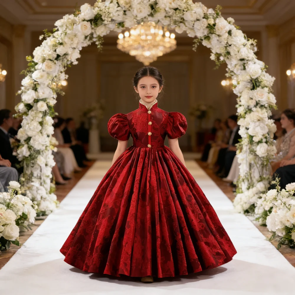 2026 Elegant Girl Dresses New Puff Sleeves Long Ball InfantGirls Gowns Floral Red Dress Children Eids VintageYears Kid Clothes