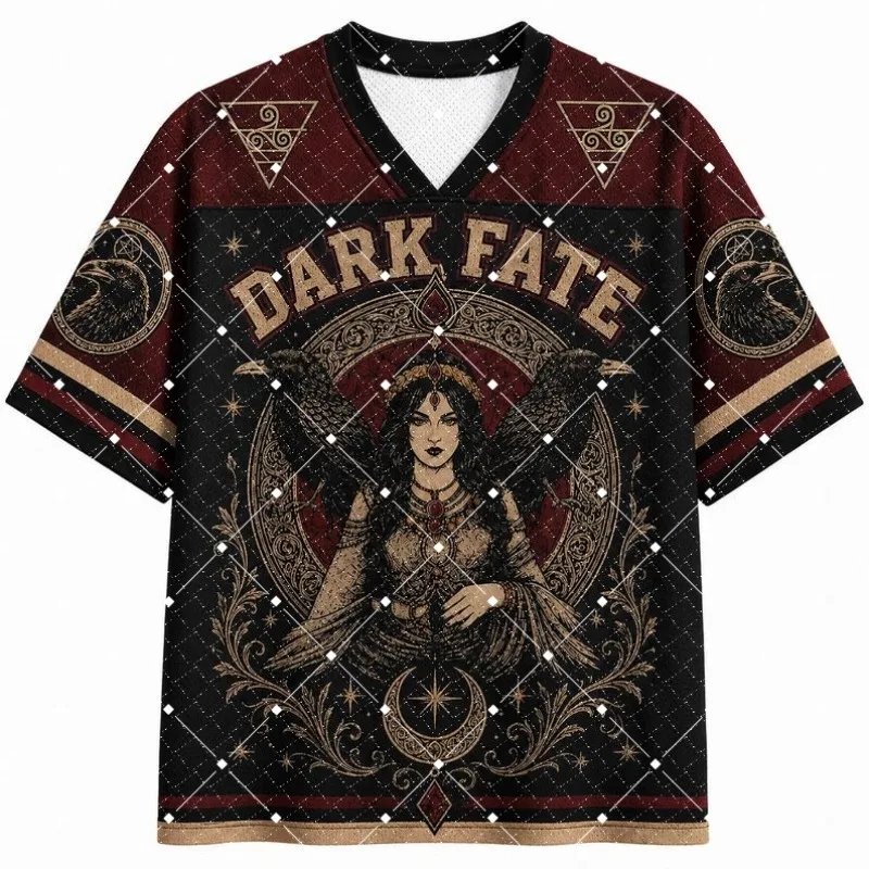 Dark Fate Witch Raven Print V‑Neck Jersey T‑Shirt Gothic Occult Moon Symbol Short Sleeve Loose Streetwear Hip Hop Sport Tee