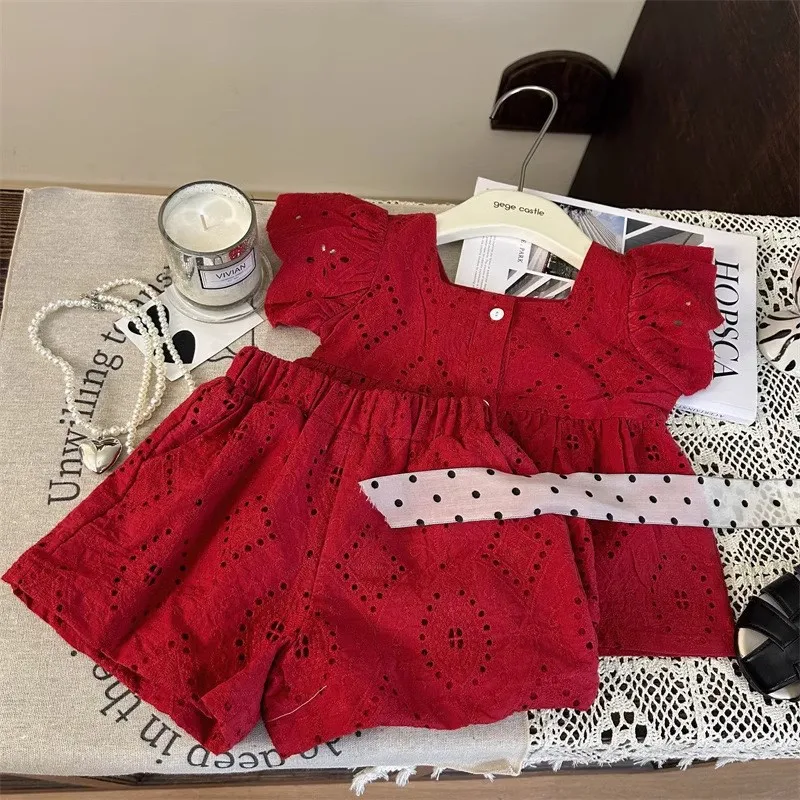 Girls Suits Small Fragrant Wind 2024 Summer Baby Wind Lace T-shirt Short Sleeve Shorts Jacquard Hollow Two-piece Set Clothes