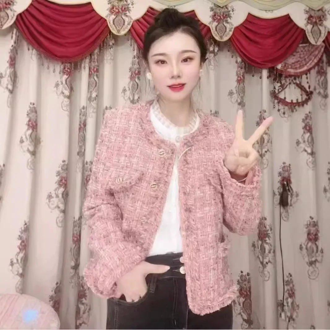 

Розовая женская зимняя куртка высокого класса во французском стиле, новый высококачественный твидовый топ в светском стиле для женщин LD800279