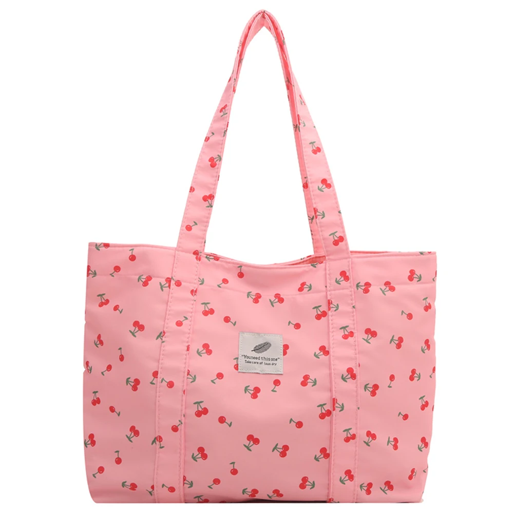 

Cute Cherry Strawberry Print Aesthetic Handbag Large Capacity Satchel Purse Nylon Top Handle Bag Grocery Bag for Women