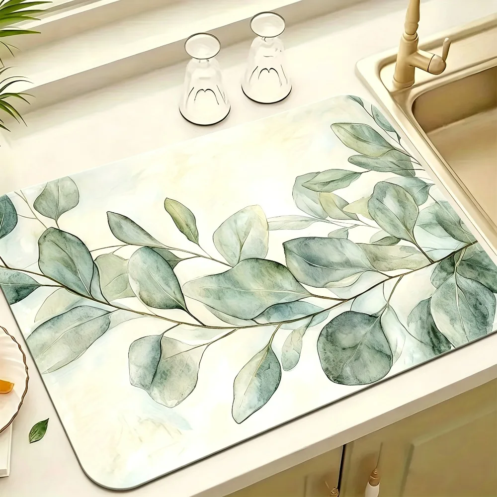 Eucalyptus Leaves Kitchen Counter Pad Fast Drying Heat Resistant Non Slip Tabletop Cup Absorbent Coffee Machine Mat