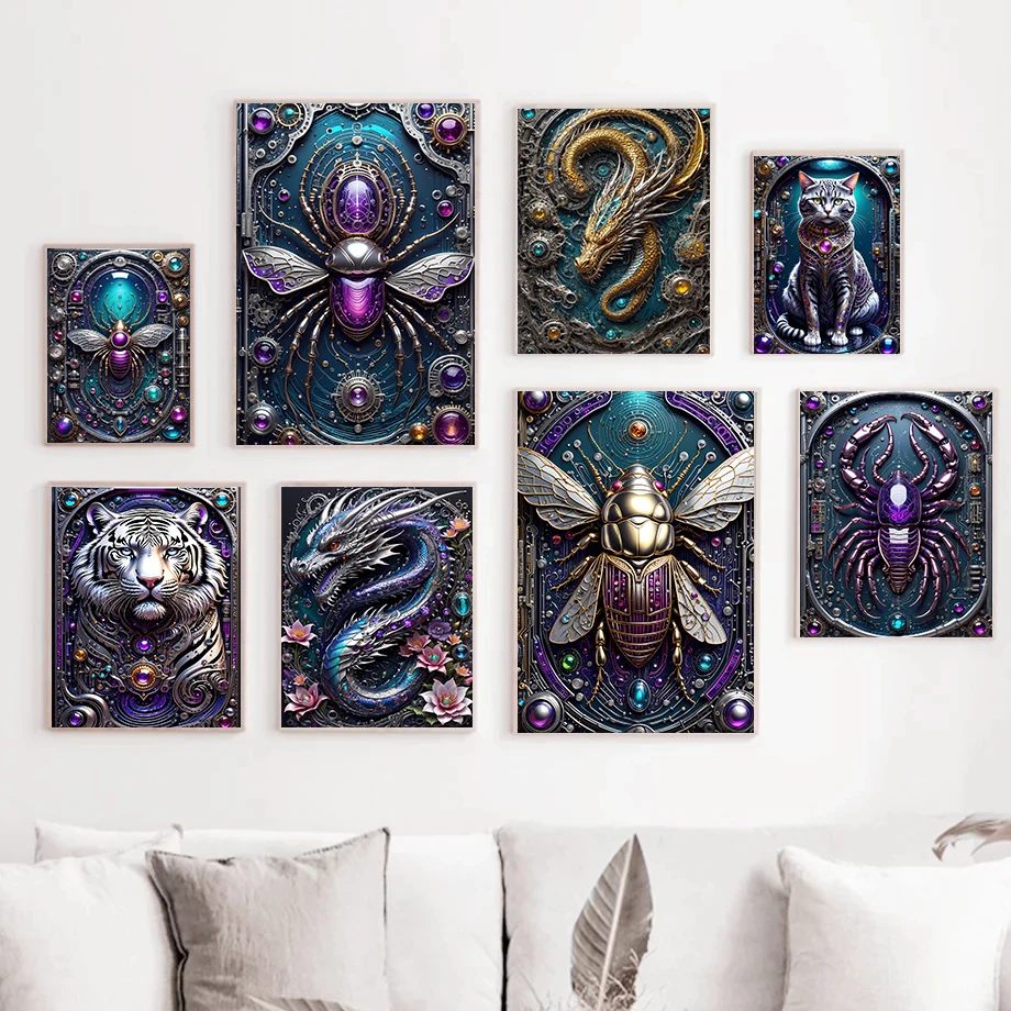 1pc frameless Canvas Painting Galactic Animals Chronicles Steampunk Dragonfly Posters Wolf Golden Dragon Prints Canvas Painting
