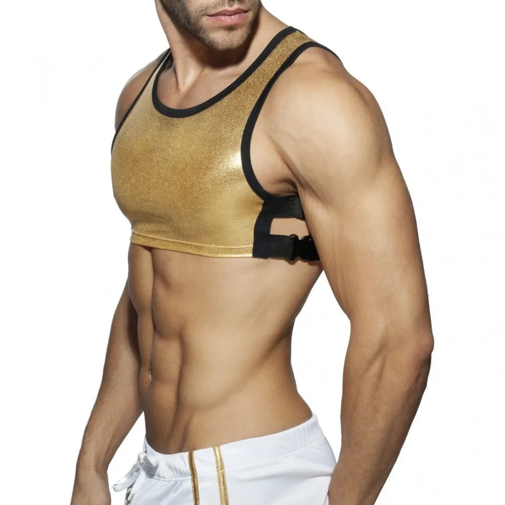 Men Body Shaper Harness Vest Shirt Tank Top Shapewear Show Chest Muscle Neoprene, Party Clip Harness Gay Underwear Gold & Silver