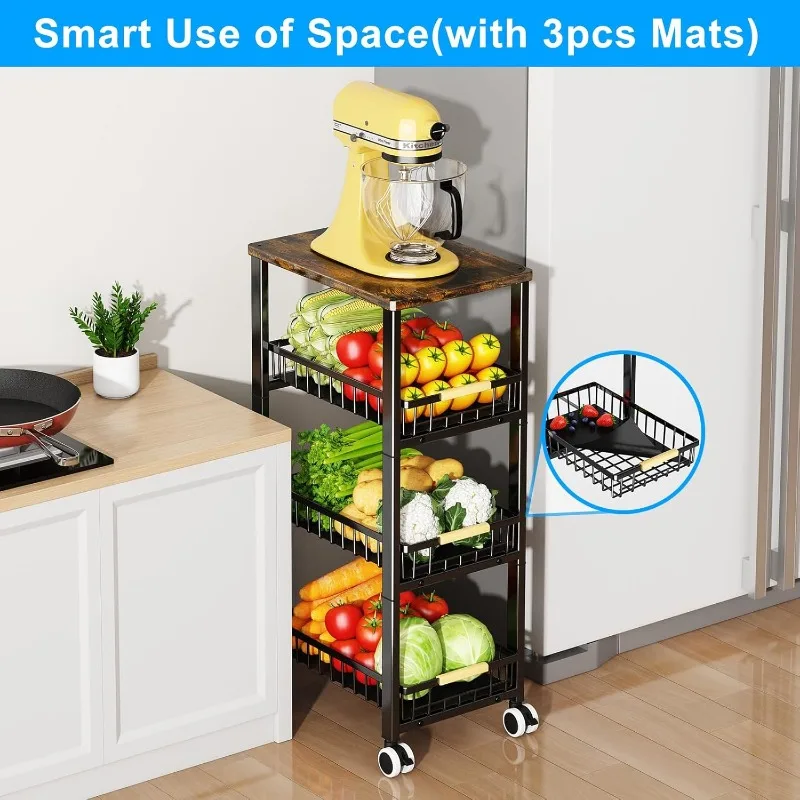 Fruit Vegetable Storage Basket for Kitchen, 4 Tier Large Pull-Out Metal Wire Baskets with 3 Pack Mats Bottom, Wood Top