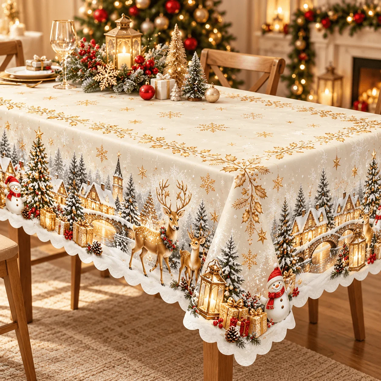 1 square tablecloth, Christmas elk snowman snow town printed tablecloth, beige gold snowflake Christmas tree pattern