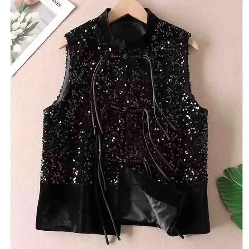 

Chinese Style Sequined Vest Jacket Velvet Shining Autumn Premium Sleeveless Coat Women Shoulder Jacket Black Fashion JJ1000
