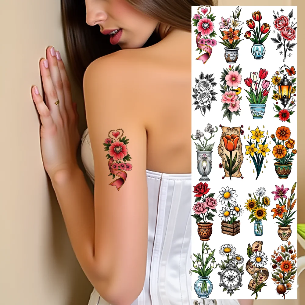 

28pcs Temporary Tattoo New School Traditional Iris Tulip Hibiscus For Women Shoulders Arms