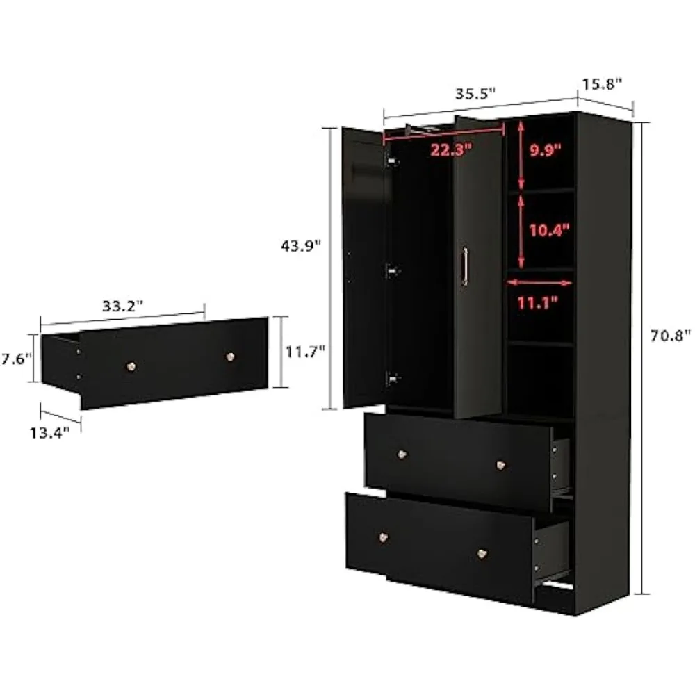 Garderobekast Houten kast met spiegel, 2 deuren, 2 lades, 4 open opbergkubussen en ophangstang voor slaapkamer, zwart