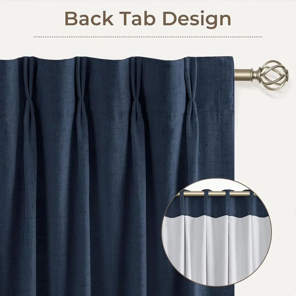 ネイビーブルー 40W x 90L リネン混紡遮光カーテン、フック20個付き、100%遮光、2枚セット、家庭用