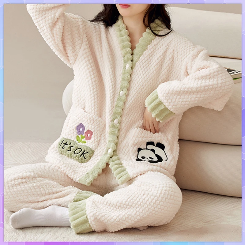 Winter Panda Print Coral Fleece Sleepwear Women's Pajamas With Pants Set V-Neck Button Cardigan Warm 2 Piece Sets Thicken Pajama