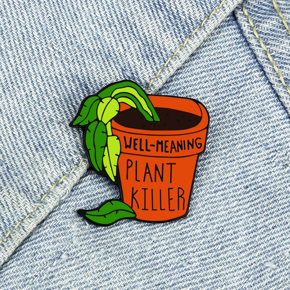 Funny Plant Killer Enamel Pins Cartoon Wilted Potted Plants Brooches Cute Backpack Lapel Pin Badge Jewelry Gift for Kids Friends