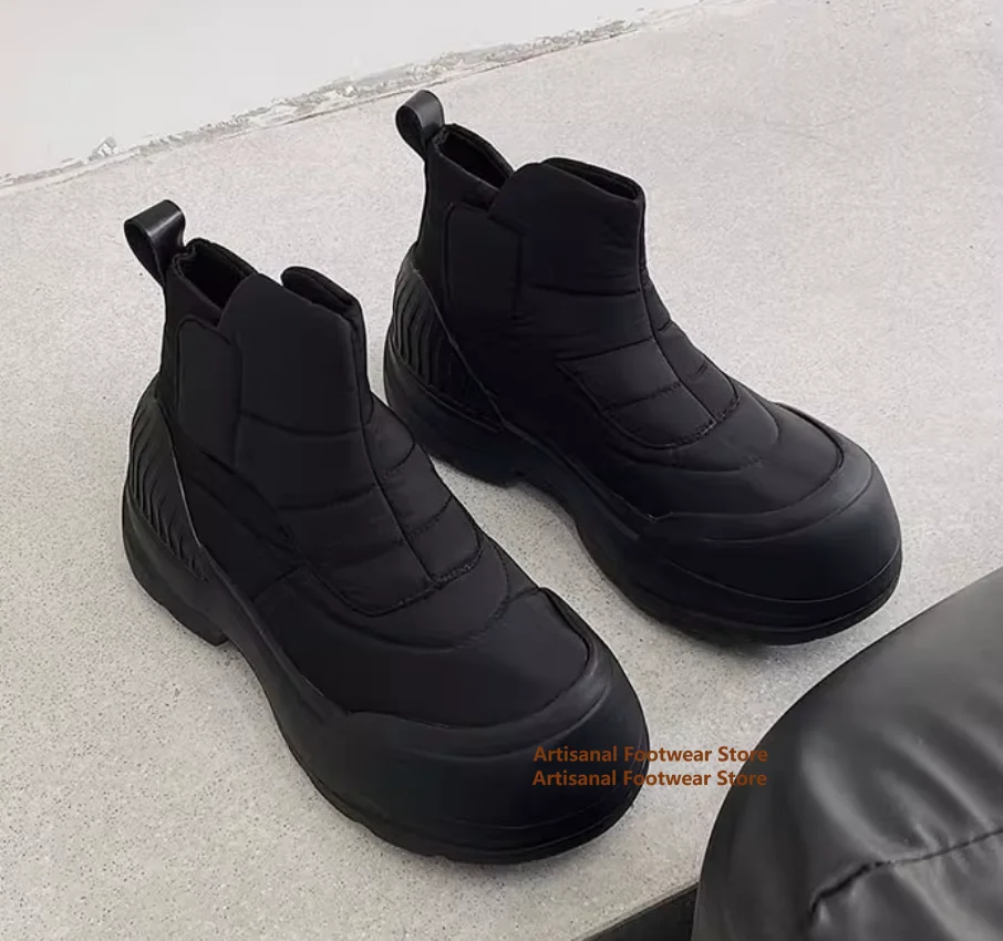 Black Thick Soled Warm Snow Boots Big Round Toe Warm Cotton Shoes Men's Boots Height Increasing Men's Booties Designer Men Boots