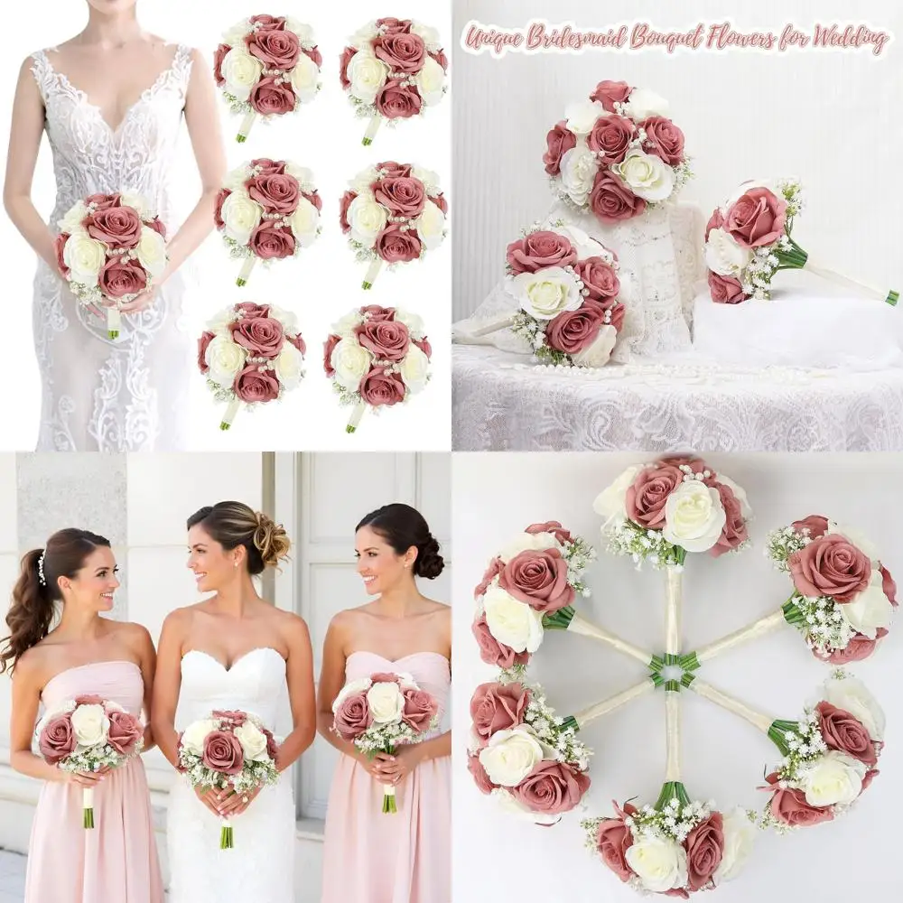 

Набор из 6 искусственных букетов для подружек невесты - 7-дюймовые деревенские мини-композиции с жемчугом для свадьбы или предложения руки и сердца.