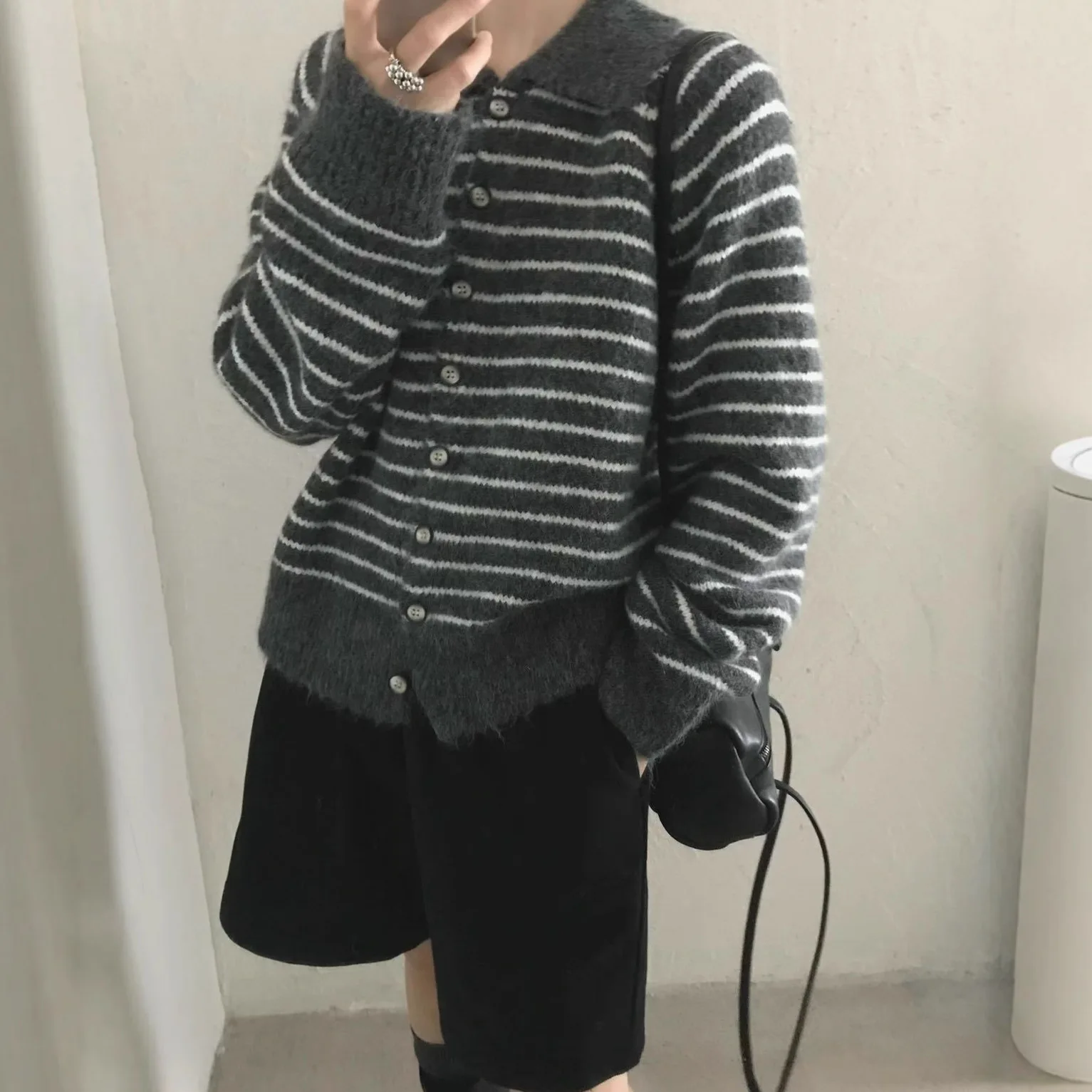 Cardigan Women Sweaters Coats Striped Turn Down Collar Jumpers Coat Y2k Streetwear Elegant Splice Knit Open Stith Autumn Winter