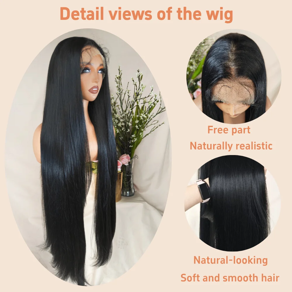 X-TRESS 40 Inch Long Synthetic Wig 13X6 Lace Frontal Black Colored Straight Layered Hair Free Part Lace Wig with Baby Hair Daily