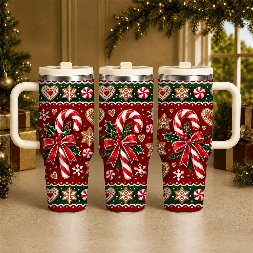 Cozy Christmas Candy Cane Vacuum Flasks 40oz Stainless Steel Insulated Tumbler with Handle & Straw Lid, Leakproof Travel Cup