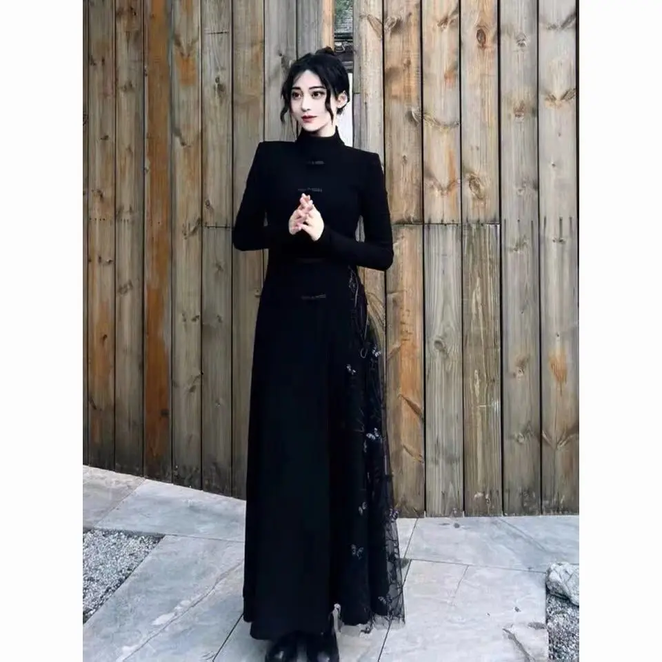 

2024 autumn new chinese style women's oriental style long sleeve dress velvet black dress lady sexy slim cheongsam dress