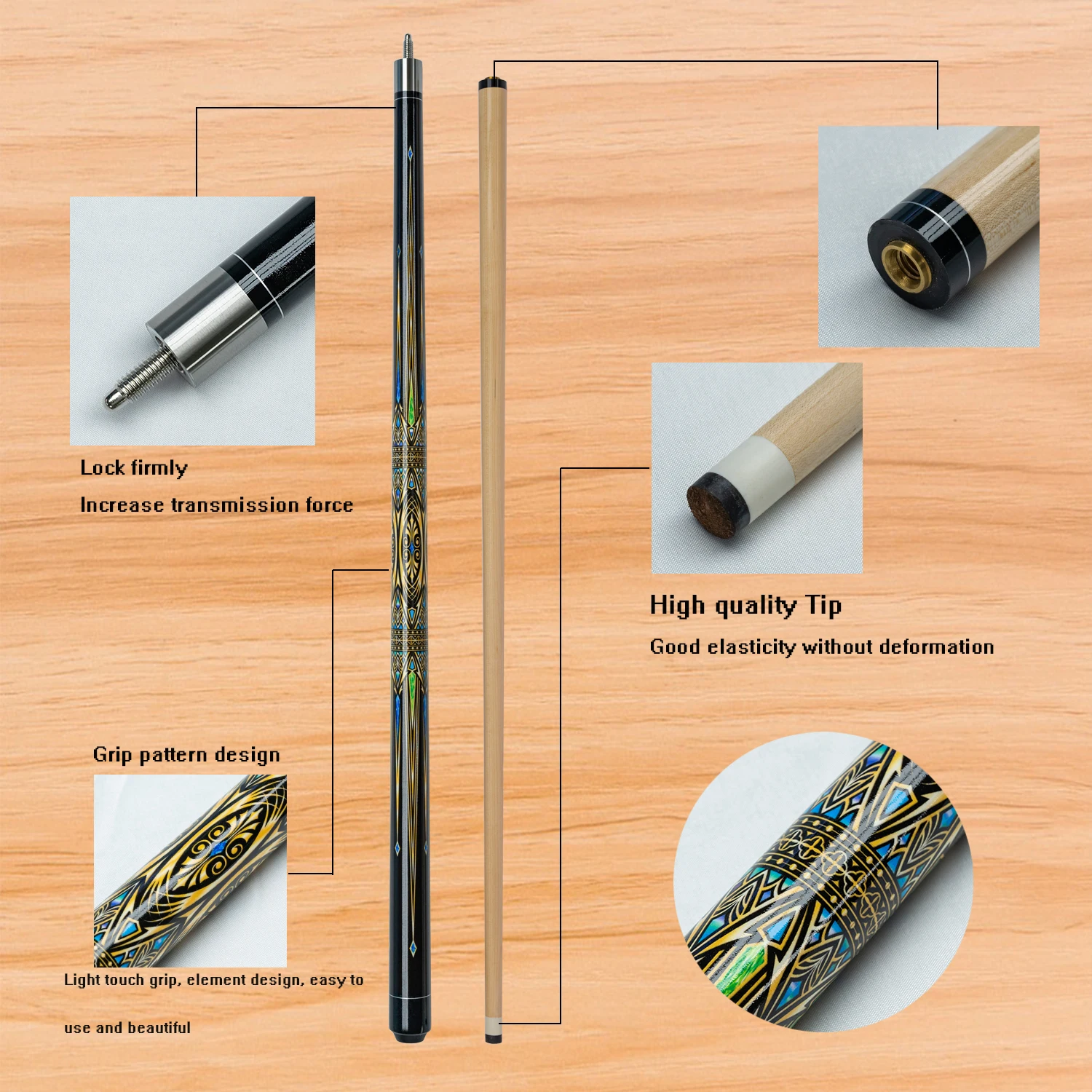 Professional Maple Billiard Cue Stick for Nine Ball and Carom Billiards with 13mm Tip and Golden Elements Design