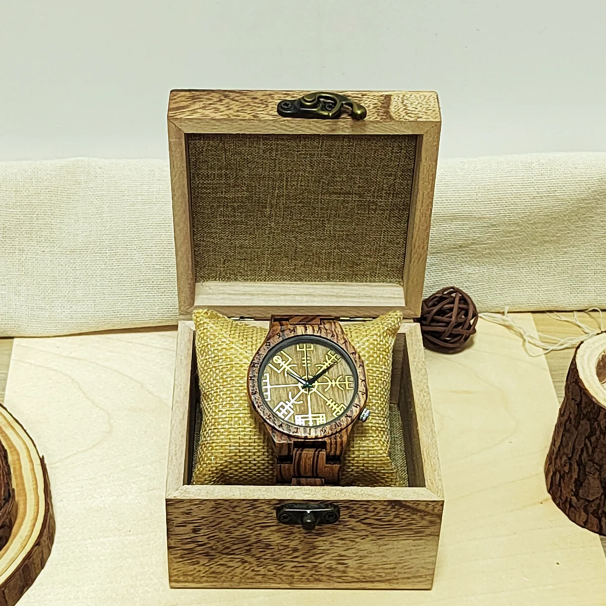 Wooden Wrist Watches Man Viking Symbol Element Clock Personalized Anniversary Gift for Husband Men's Wood Quartz Wristwatches