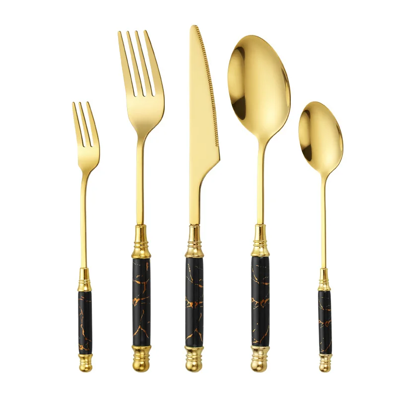 5Pcs/Lot Ceramic Handle Metal Spoon Knife Fork Sets Cake Fork Coffee Spoon Stainless Steel Cutlery