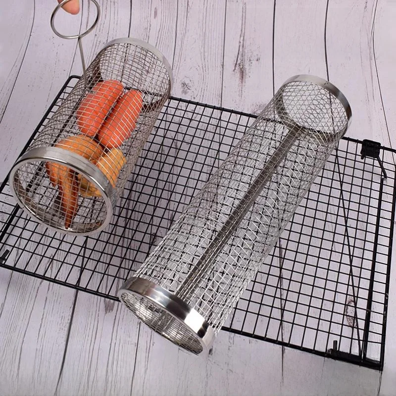 

Outdoor Portable Rolling 304 Stainless Steel BBQ Grill Cage Camping Cooking Tool with Mesh Lid And Base for Cooking And Baking