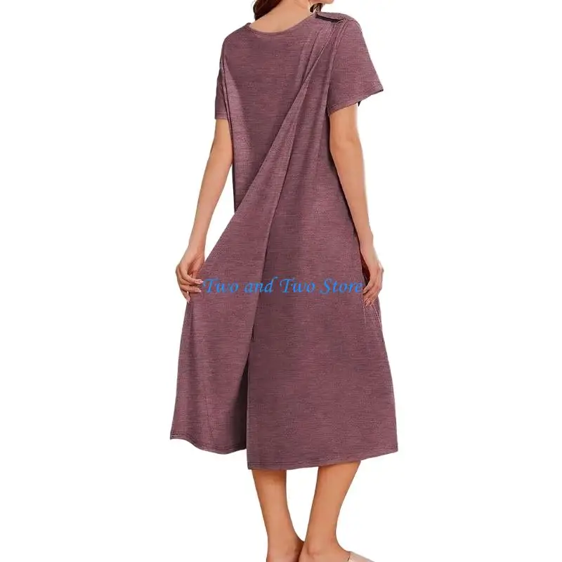 

HX6F Women Open Back Tear Away Hospital Gown with Shoulder Snaps Adaptive Nightgown