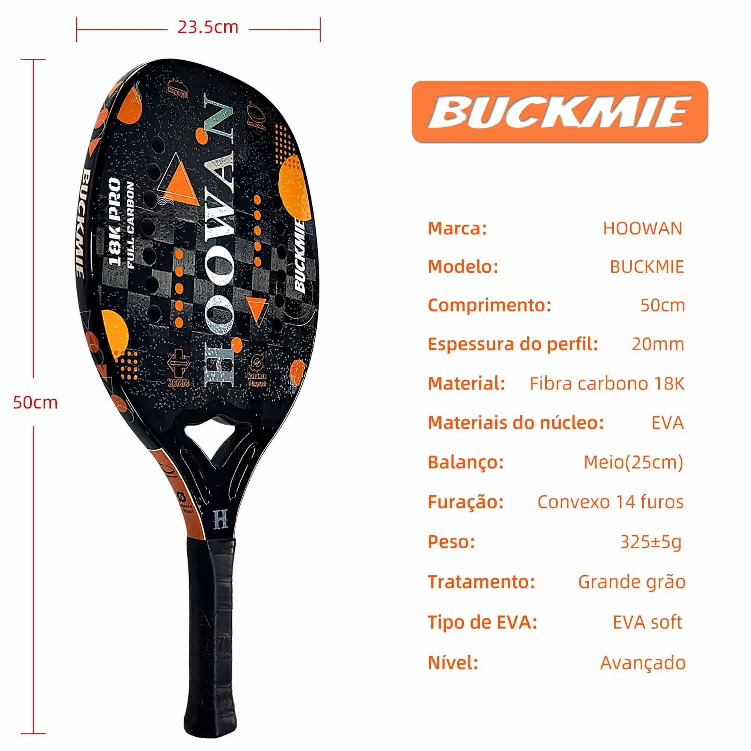 HOOWAN Buckmie 18K Pro Beach Tennis Racket Carbon Fiber 18K Brand New Beach Tennis Paddle for Advanced Offensive 20mm