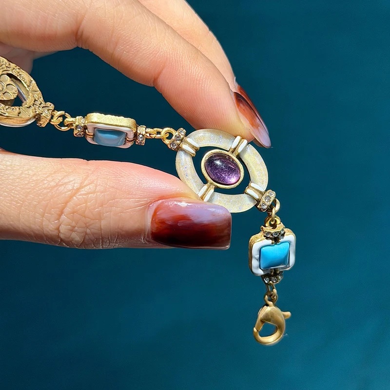

Beads Purple Glass Bracelet Vintage Ice Inlay White Beimu Jewelry Natural Turquoise Stone Luxury Antique Gold Plated Accessories