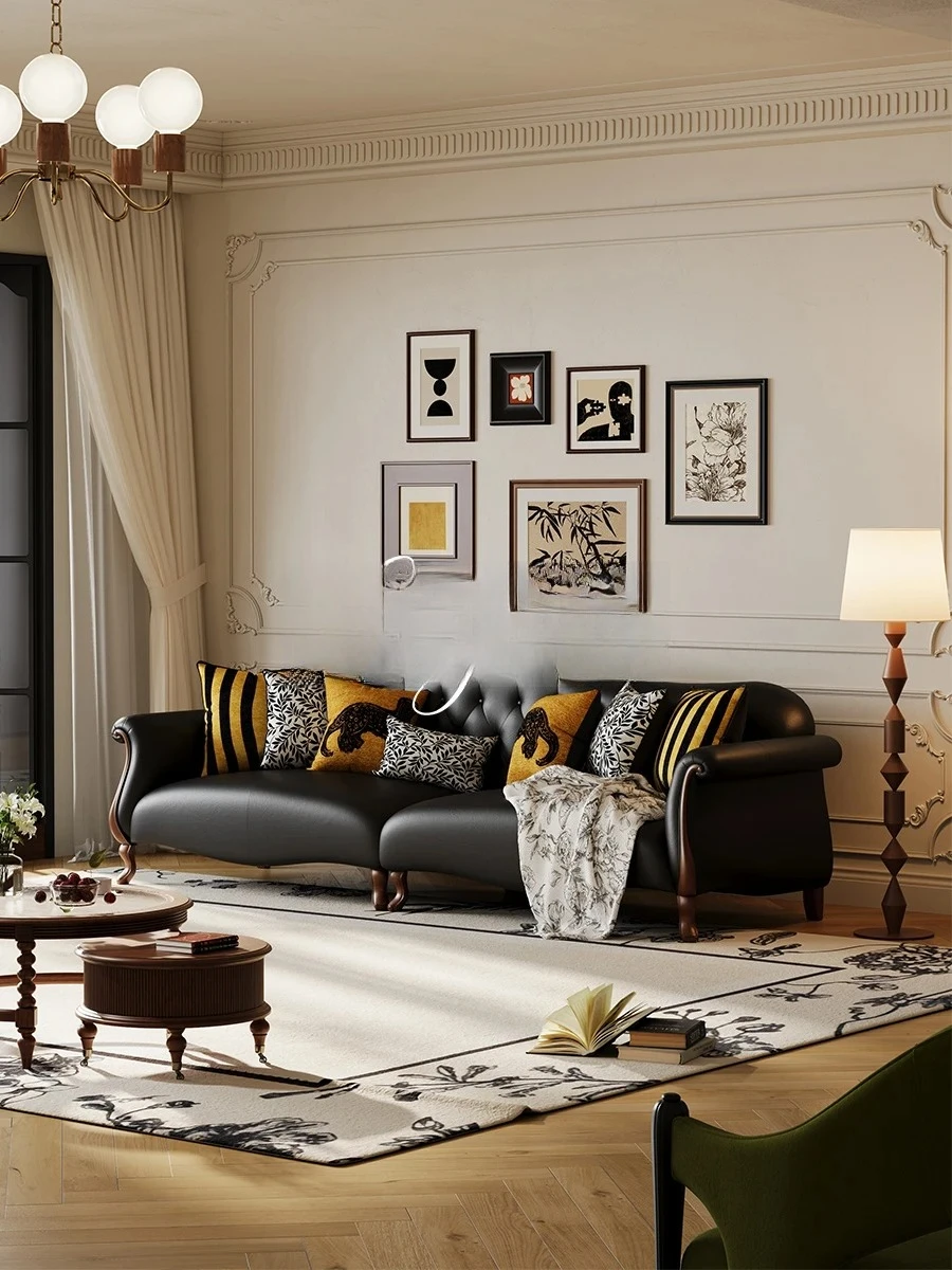 

Sofa leather solid wood villa medium and ancient custom retro style straight row small sofa