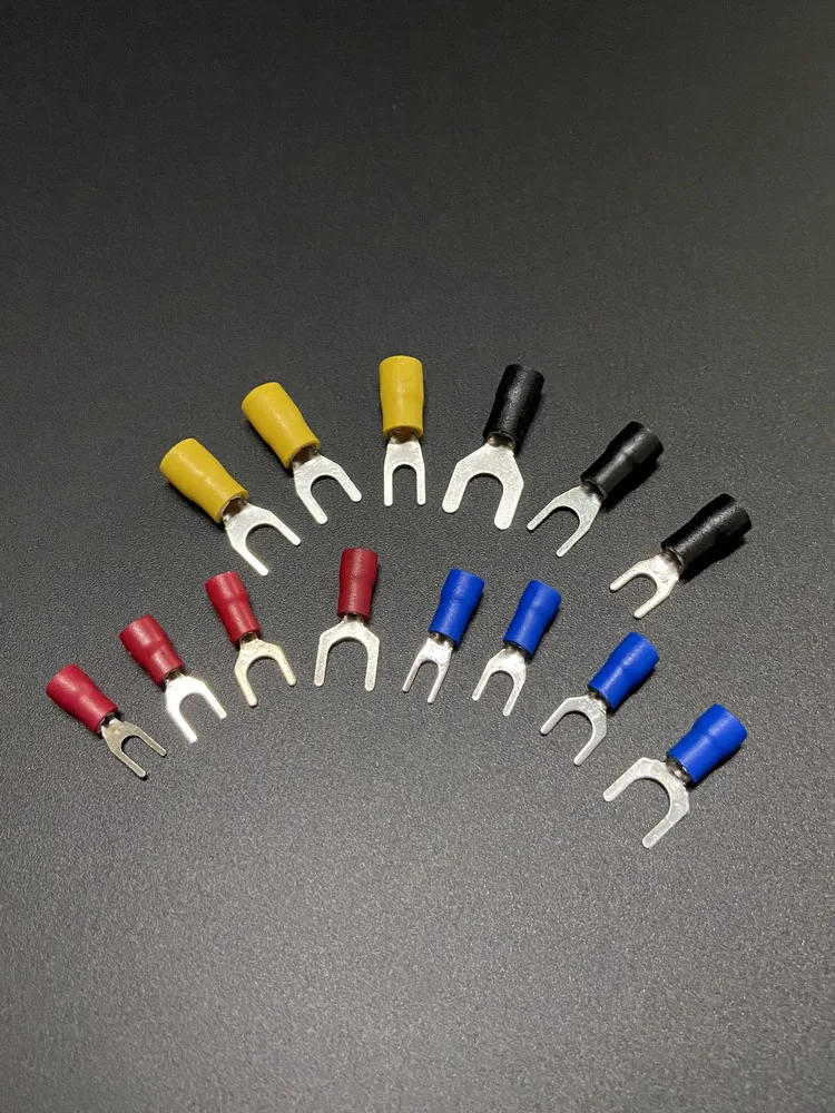 

Red Blue Black Yellow PVC Insulation Sheath Y-Shaped Wire Ear Connector Cold Pressed Forked Crimping Terminal Brass Tin Plated