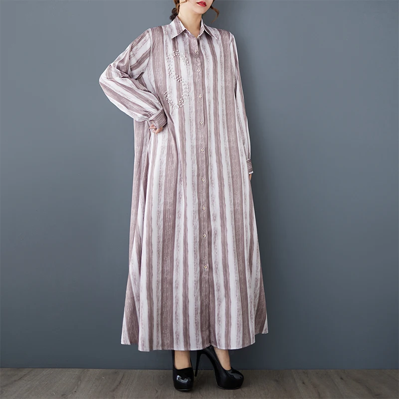 2025 Spring New Fashion Stripe Printed Elegant Dress For Women Polo Collar Long Sleeve Diamond Niche Loose Casual Dress