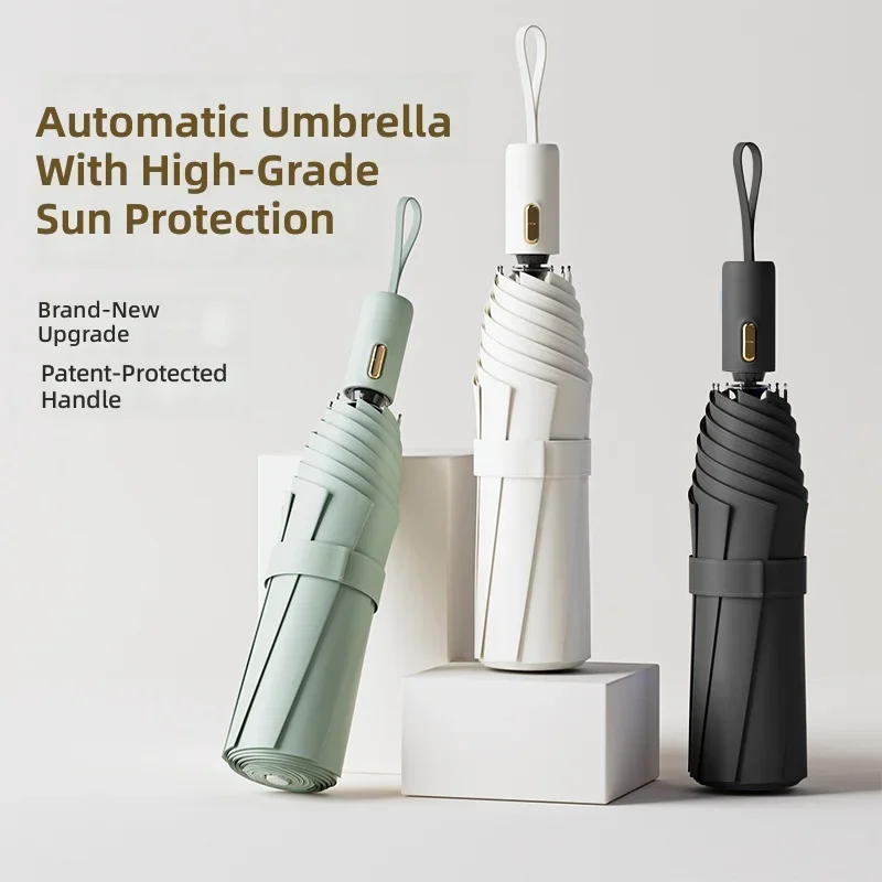 32-Rib Fully Automatic Umbrella with Slim Golden Shaft, 8 Dual-Rib Two-Section Reinforced Frame, Black Glue UV Protection Sun &