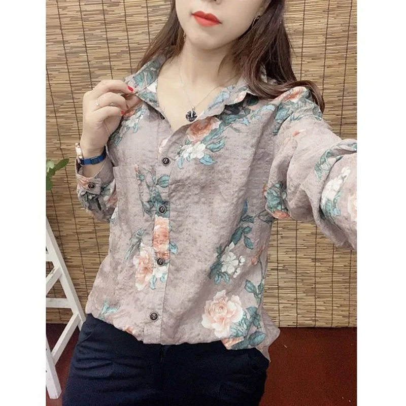 Cotton Hemp Retro 2024 Autumn Winter New Women\'s Blouse Polo-Neck Button Printed Loose All-match Aesthetic Long Sleeve Shirt