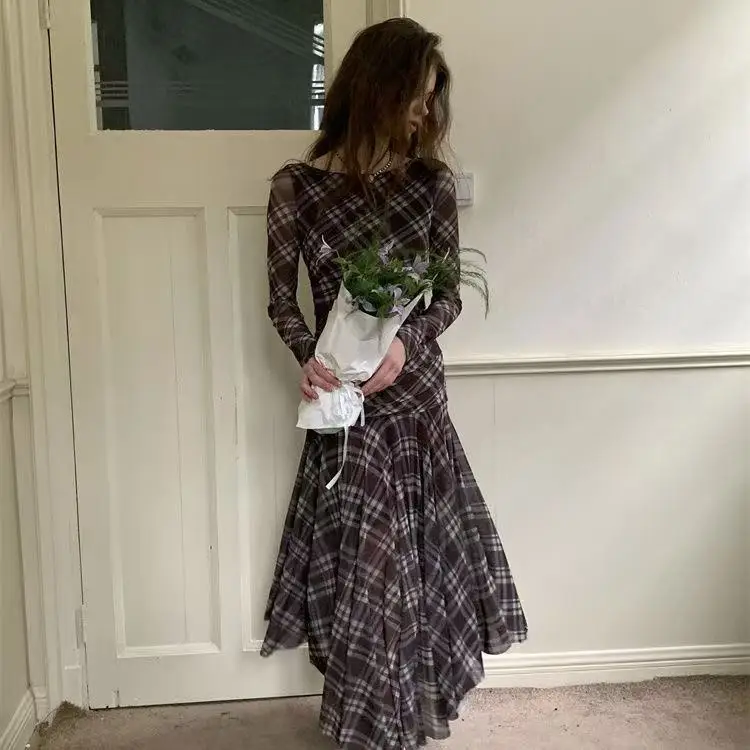 Ele منقوشة طويلة Sve Dr المرأة الخريف جديد Sle التخسيس ميدي الدكتور عالية الخصر ركاب Sle ألياف البوليستر