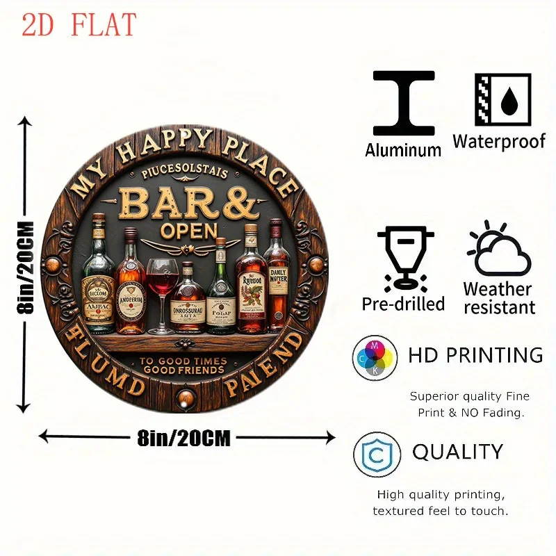 2D Flat, 2D Flat 20.32 cm Bar Sign with Drinks and Happy Place Design Round Wall Round Sign | 1pc, Holiday Gifts, Front Door and