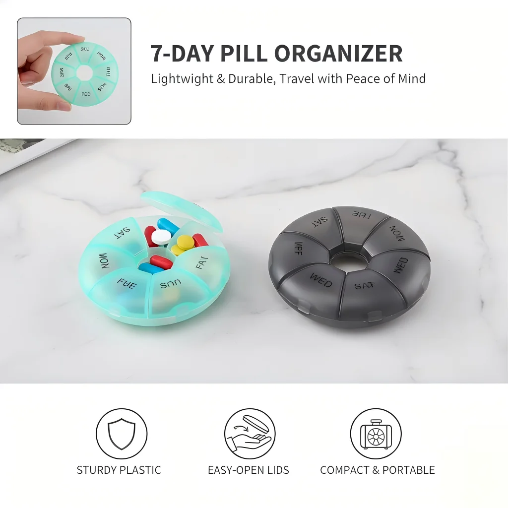 

Colorful Portable Transparent round Pill Box with 7 Compartments Weekly Organizer Travel Moisture Proof Storage Case