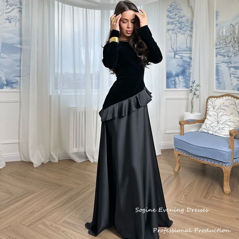 

Velvet-Satin Evening Dresses Women Ruffles Empire Waist فساتين سهرة O-Neck Mermaid Vestidos De Gala Long Sleeve Gowns