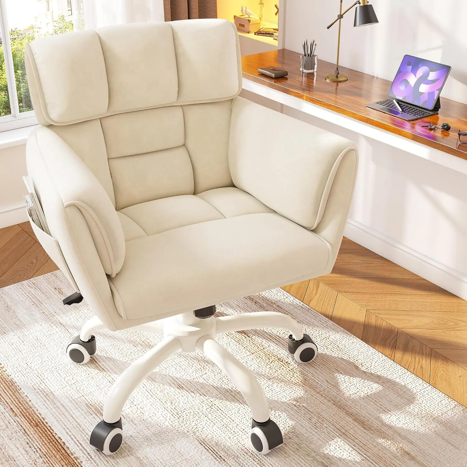 Velvet Desk Chair With Armrests & Side Pocket, Ergonomic Office Seating, Customized