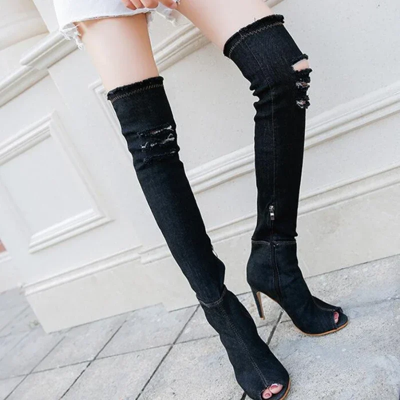 Autumn Women High Heels thigh high boots Female Shoes Hot Over The Knee Boots Peep Toe Cowboy Boots Denim shoes 2023