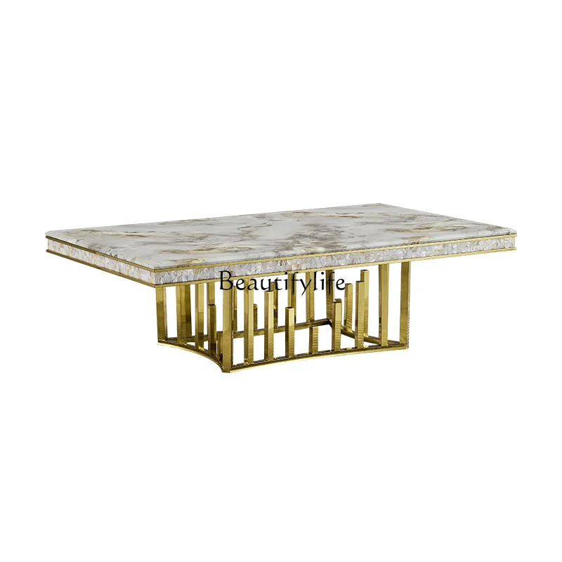 

Minimalist Light Luxury Marble Dining Table Modern Household Rectangle Stainless Steel Gold Plated Dining Table