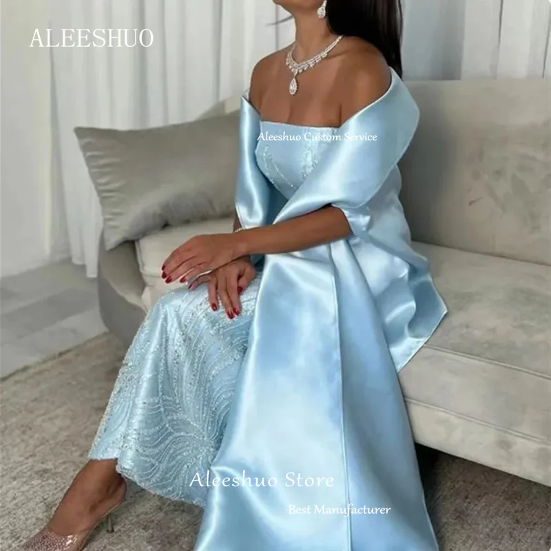 Aleeshuo-vestidos de satén azul cielo para graduación, vestido largo elegante de noche de Arabia Saudita, hasta el tobillo plisado, fiesta de cóctel, 2024