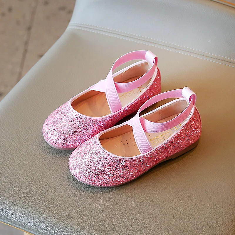 Princess Glitter Leather Girls Shoes Soft Comfortable Shiny Sequined Kids Shoes Sweet Wedding Dress Party Flats Mary Jane Shoes